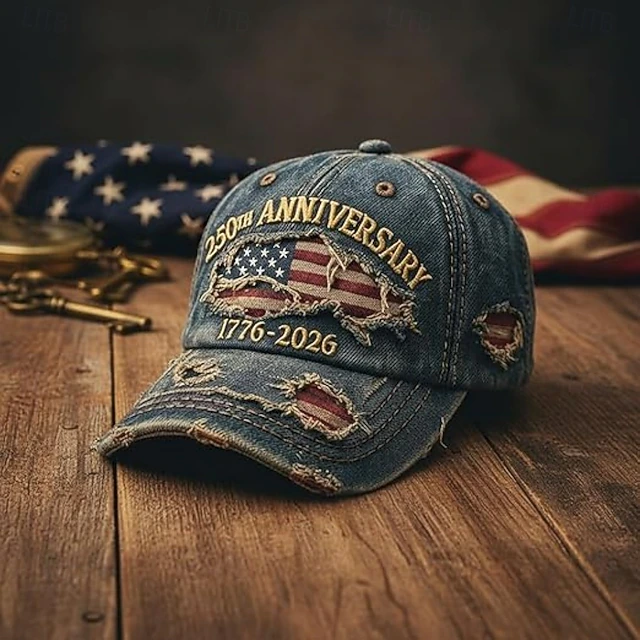 Men's USA 250th Anniversary Distressed Denim Baseball Cap | Embroidered US Flag Patriotic Trucker Hat
