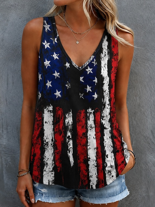 Independence Day Patriotic Flag Print Tank Top, Women’s V-Neck Sleeveless Casual Top