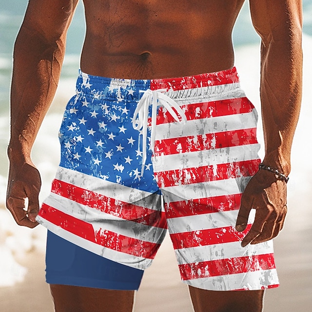 Independence Day Men's 4th of July U.S. 250th Anniversary US Flag Patriotic Lined Shorts 2 in 1 Board Shorts