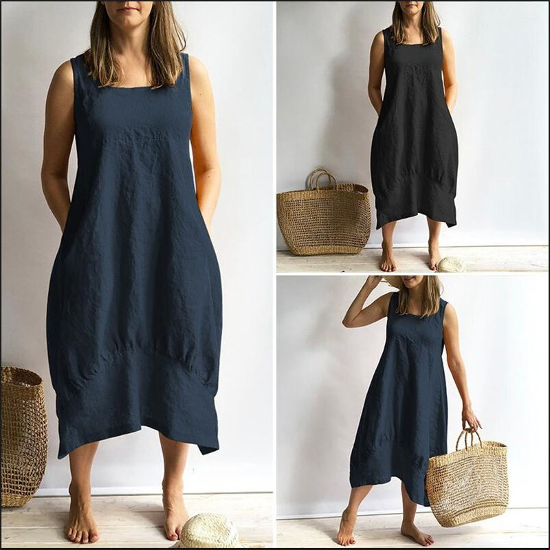 (S-5XL) Women's sleeveless dresses made of solid cotton and linen