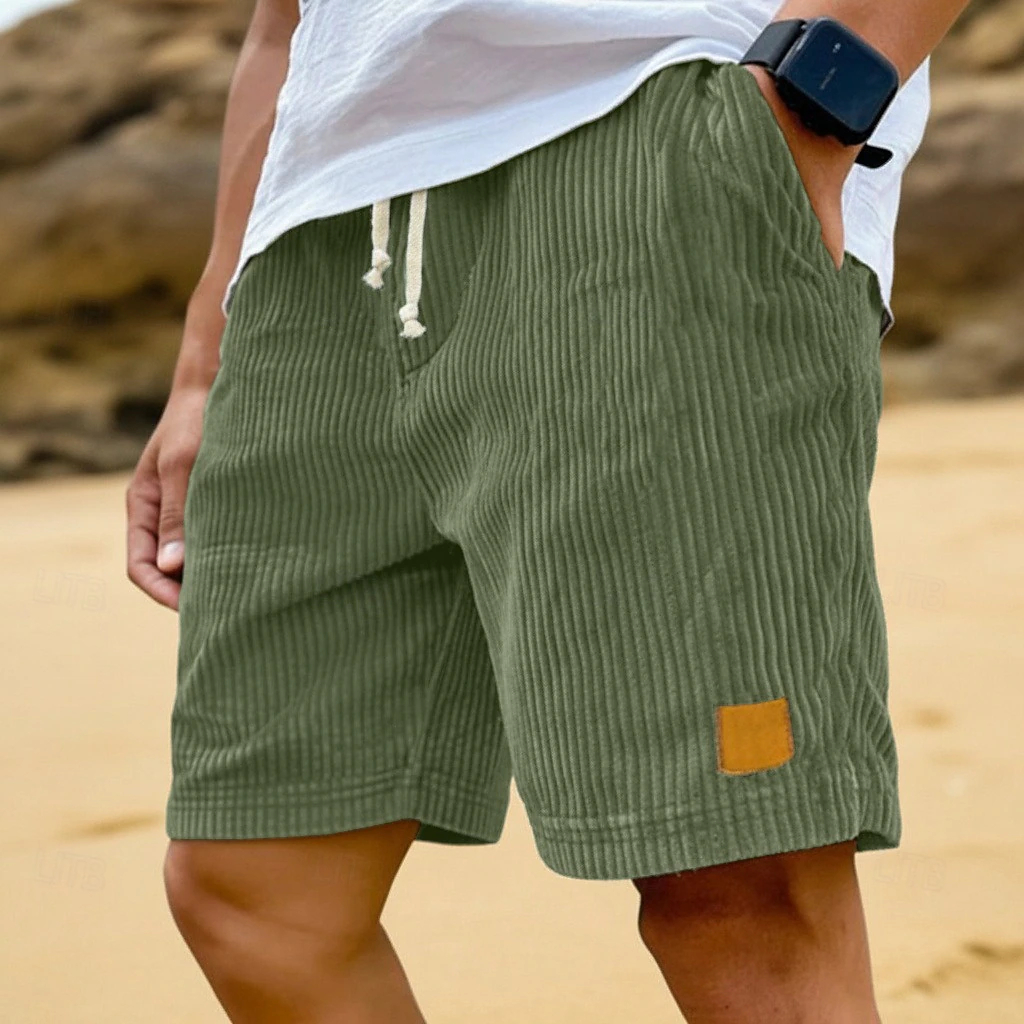 Men Elastic Waist Linen Casual Beach Shorts Loose Knee Length Bermuda Shorts