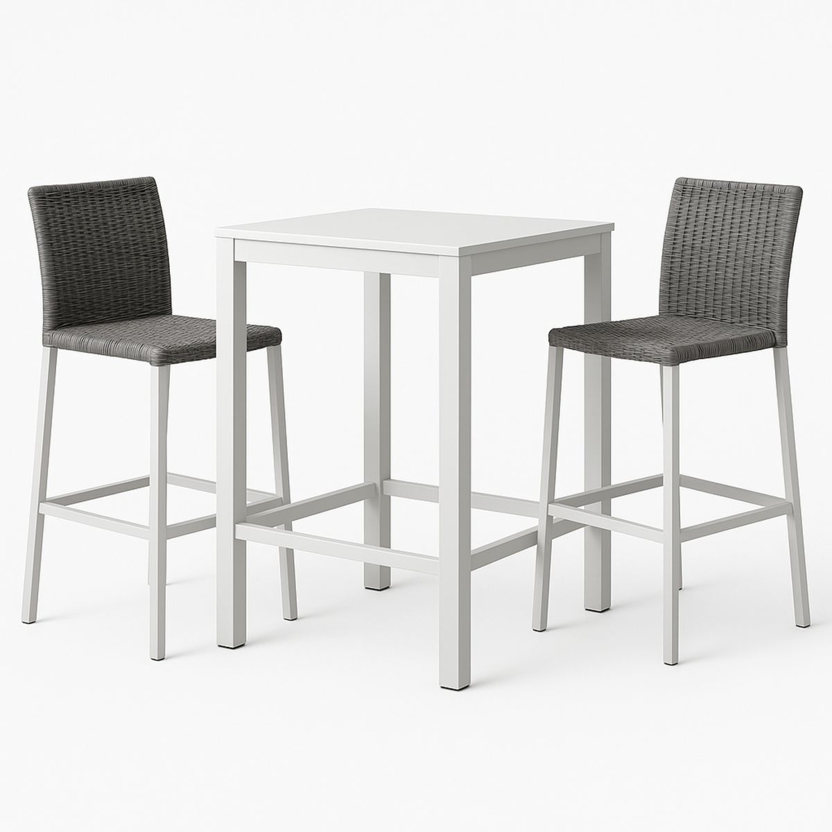 Aluminium Bar Table and Two Grey Wicker Stools Set