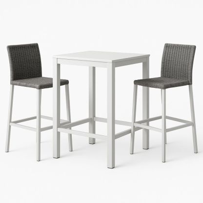 Aluminium Bar Table and Two Grey Wicker Stools Set