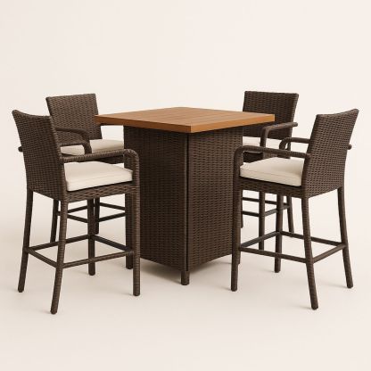 Outdoor Bar Set with PE Rattan Square Table and 4 Stools Brown/Beige