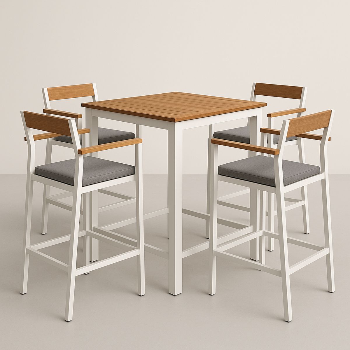 Outdoor Bar Table and Stools Set Aluminium and Teak Square Top