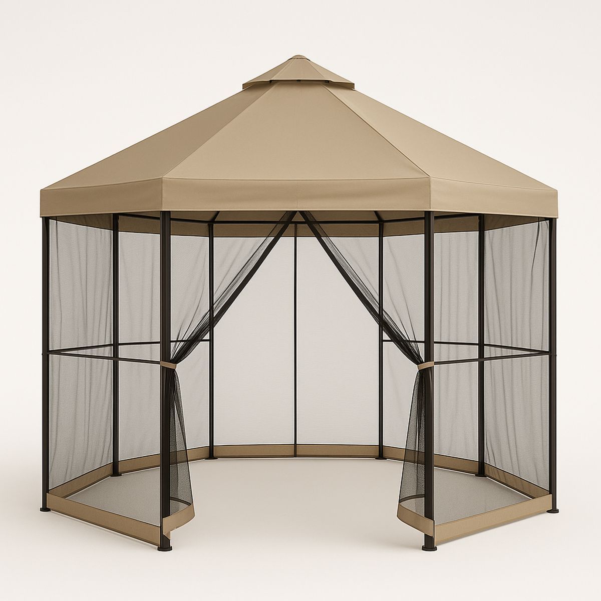 Outdoor Hexagonal Gazebo Polyester and Steel Frame with Mesh 350x265cm Beige
