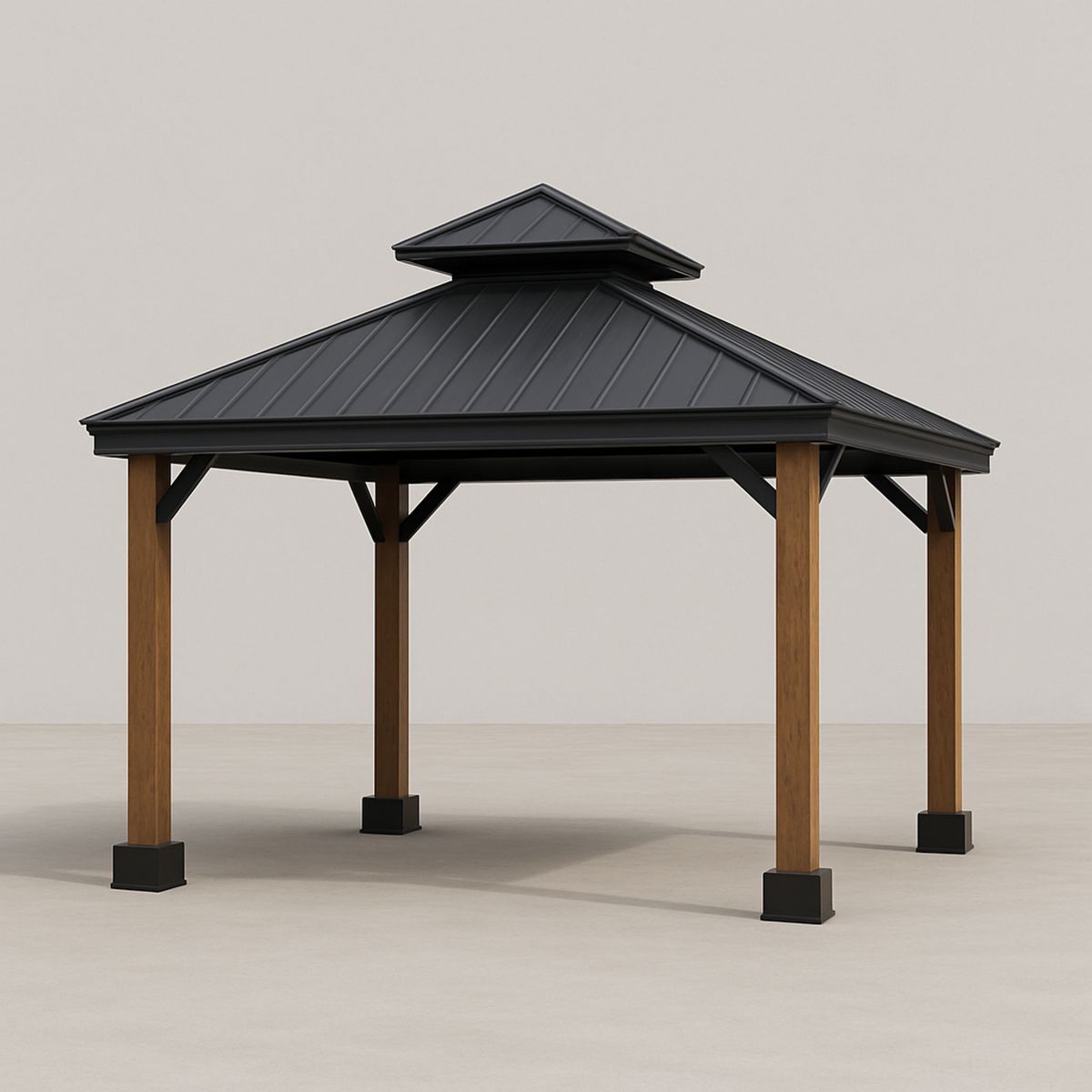 Steel Roof Wood Frame Outdoor Pavilion 292cm x 292cm x 270cm Black/Brown