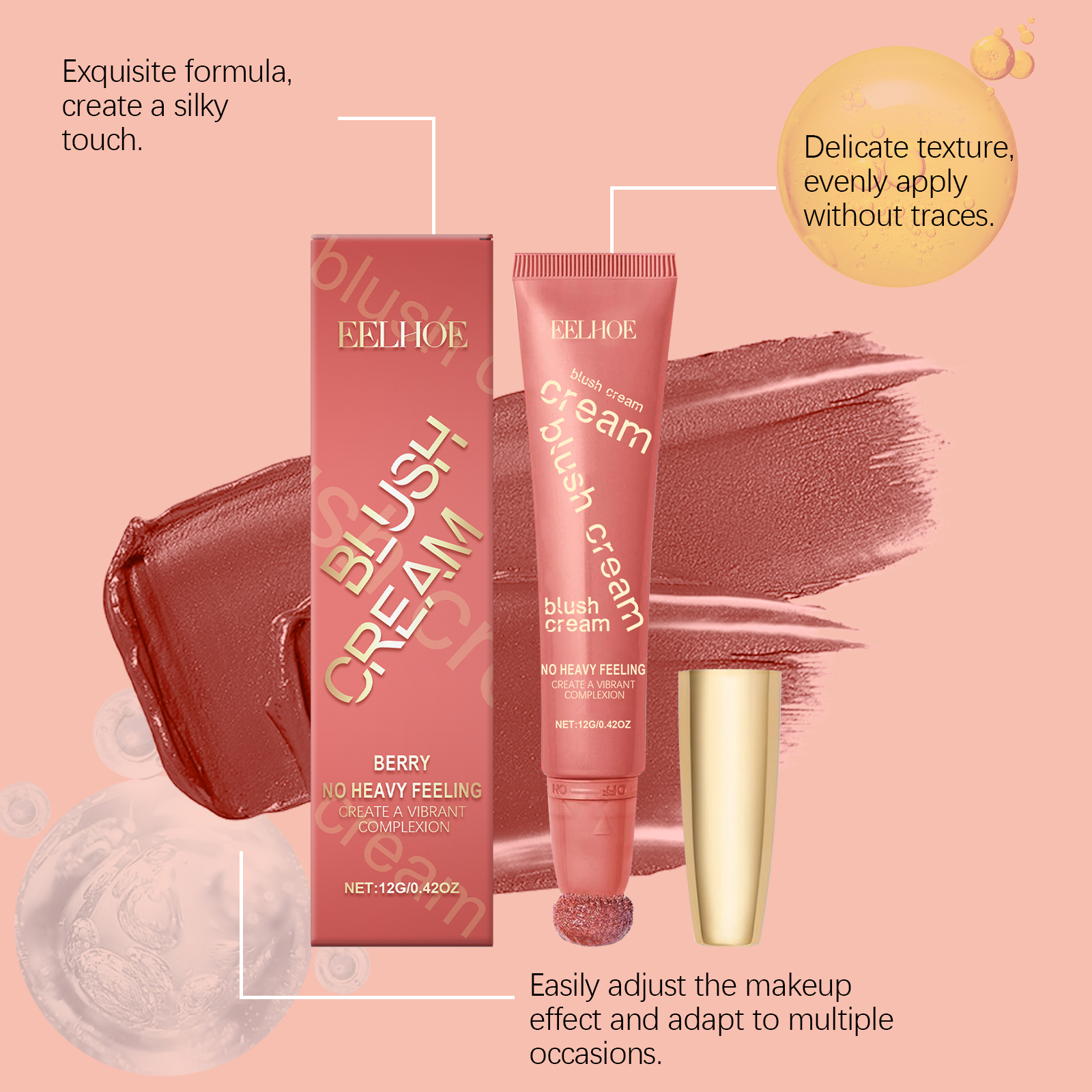 EELHOE Shimmering Cream Blush in Berry Shade: Lightweight and long-lasting, this blush provides a natural, radiant flush to the cheeks while also moisturizing the skin.-Velvet