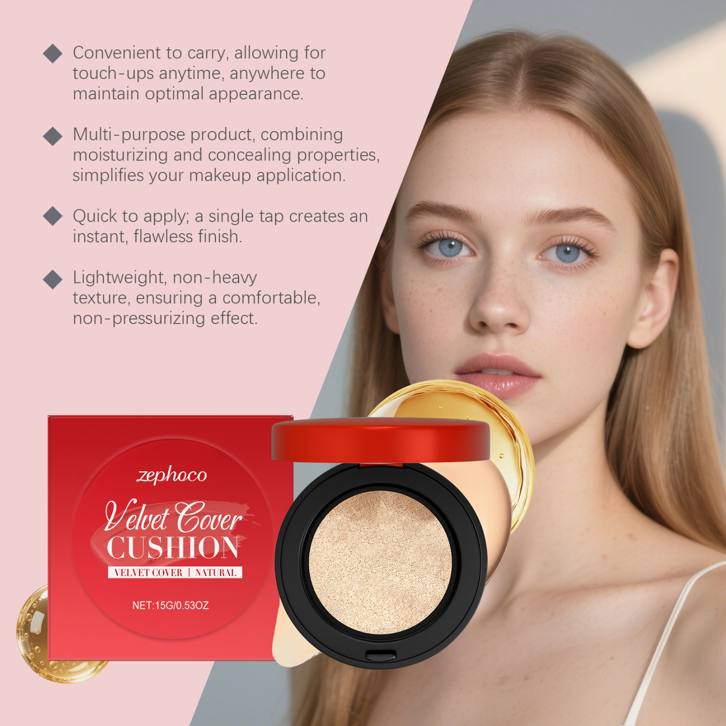 Zephoco Moisturizing Concealing Cushion Foundation, Natural Shade: This concealer cushion foundation features a delicate texture, creating a hydrated and lightweight makeup look.-Velvet