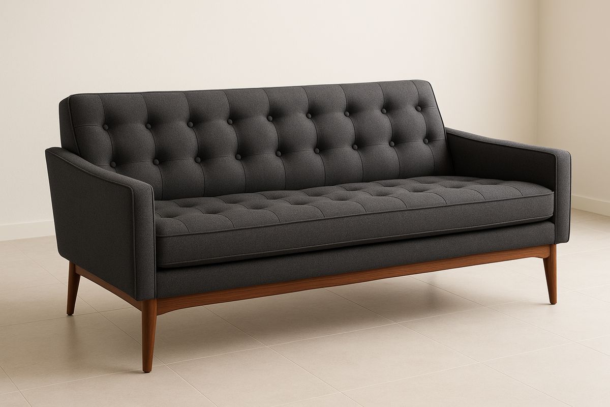 Dark Grey Three-Seater Sofa Linen Fabric Button Tufted Wood Frame 200cm-Velintrao