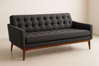 Dark Grey Three-Seater Sofa Linen Fabric Button Tufted Wood Frame 200cm-Velintrao