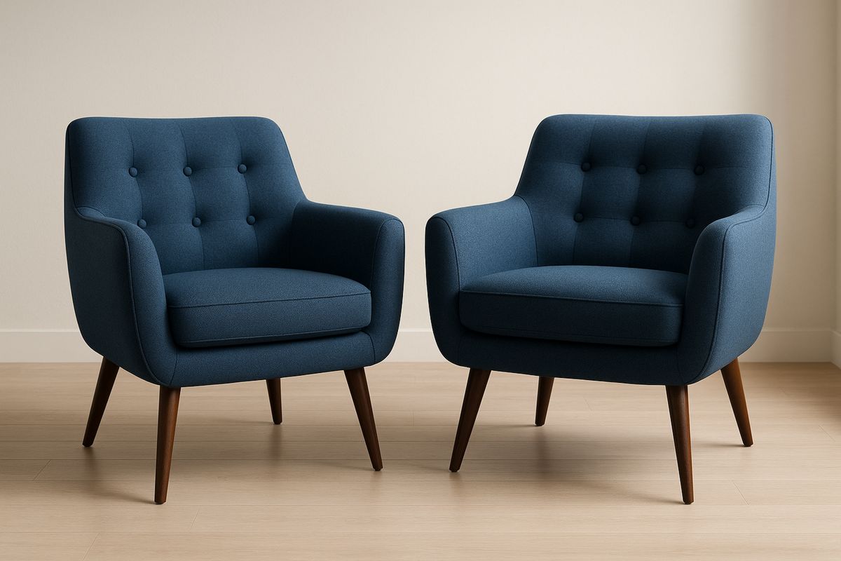 Set of Two Blue Polyester Armchairs with Solid Wood Legs-Velintrao