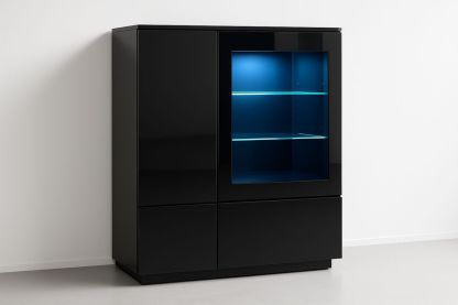 Black Gloss Display Cabinet with LED Lighting and Glass Shelves-Velintrao