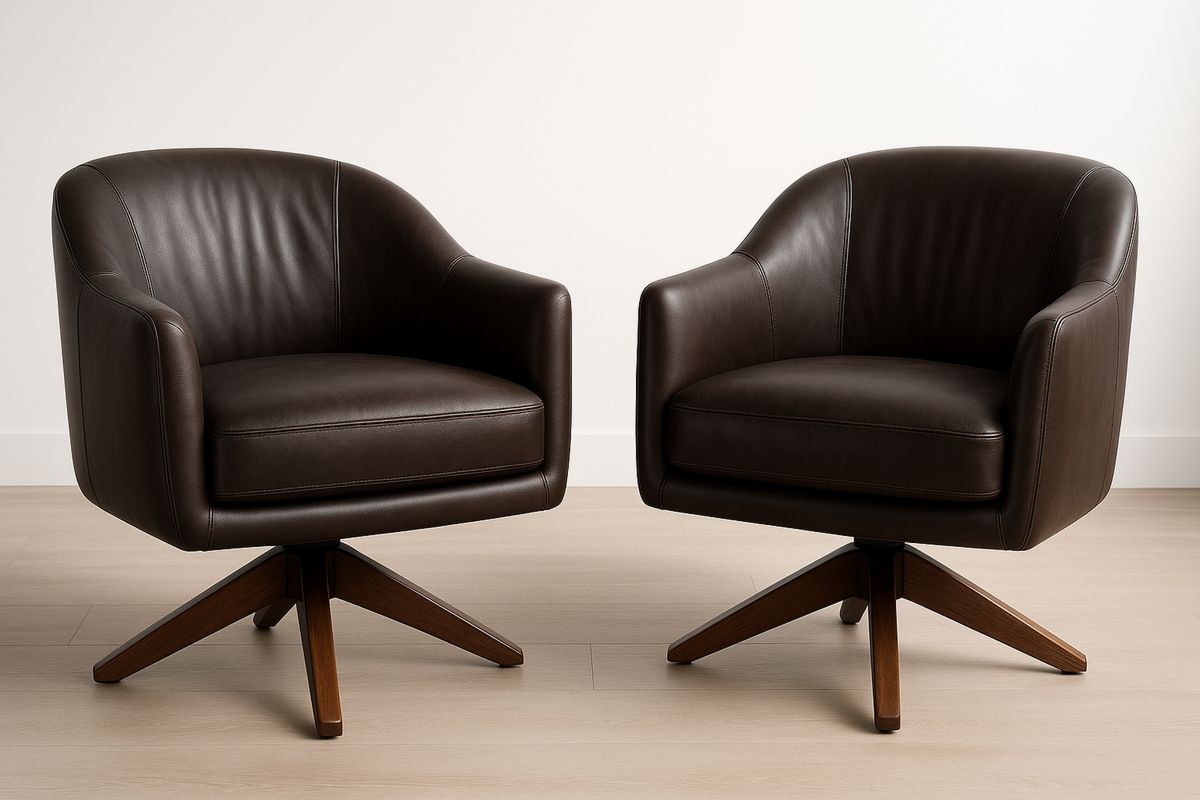 Pair of Swivel Leather Armchairs with Wooden Base-Velintrao