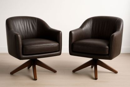 Pair of Swivel Leather Armchairs with Wooden Base-Velintrao