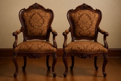 Pair of Armchairs with Brown Fabric and Carved Wood Frame-Velintrao