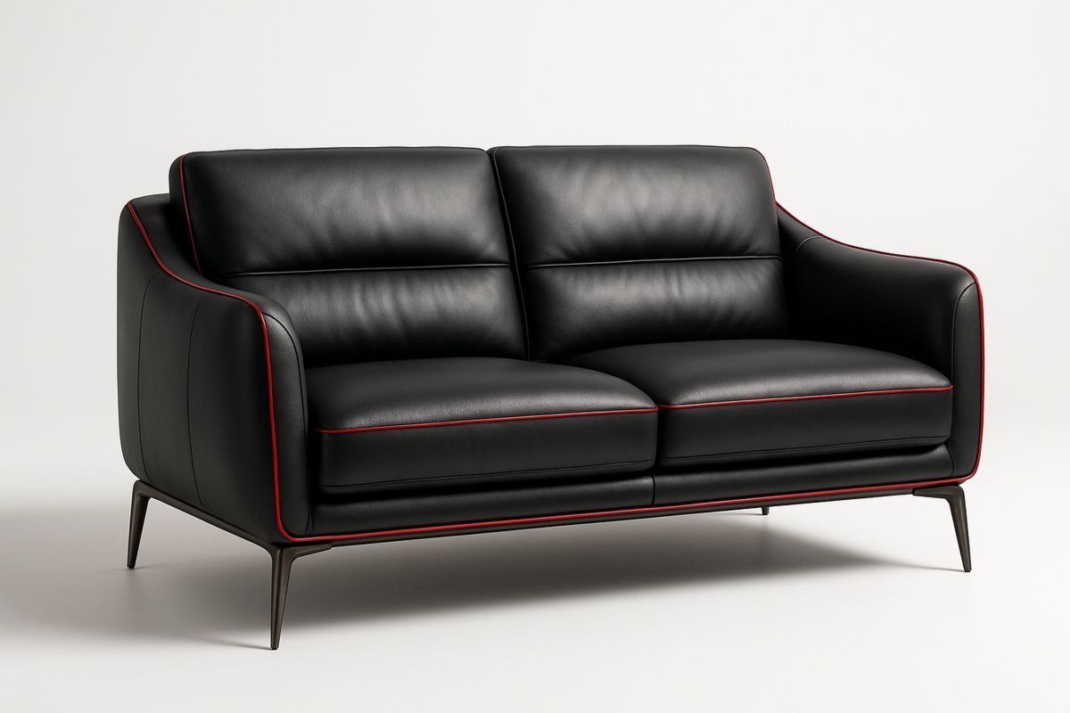 Black Faux Leather Sofa with Red Trim and Metal Legs 150cm-Velintrao