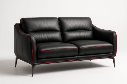 Black Faux Leather Sofa with Red Trim and Metal Legs 150cm-Velintrao