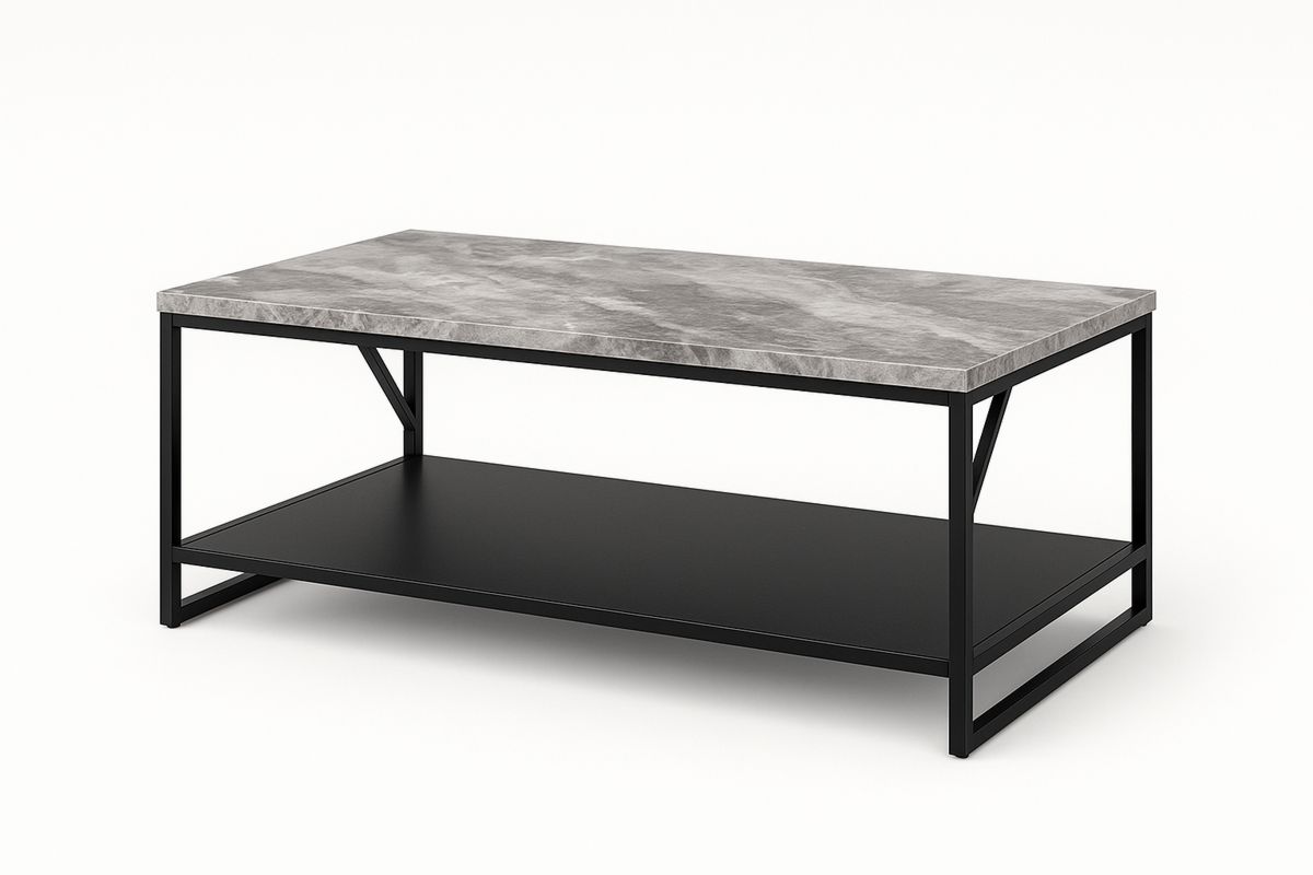 Rectangular Faux Marble Coffee Table with Metal Frame 120cm x 60cm x 45cm Grey/Black-Velintrao