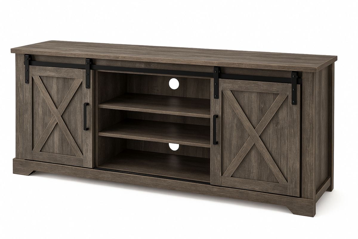 Wooden TV Stand with Sliding Barn Doors and Shelves, 180 cm x 45 cm x 65 cm-Velintrao