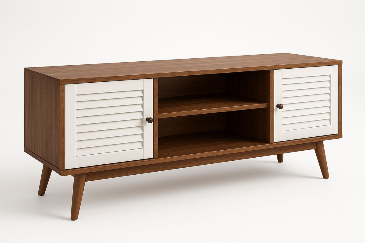 Walnut and White MDF TV Cabinet with Louvered Doors-Velintrao