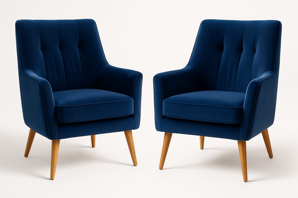 Set of 2 Blue Velvet Armchairs with Solid Wood Legs-Velintrao