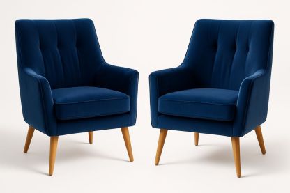 Set of 2 Blue Velvet Armchairs with Solid Wood Legs-Velintrao