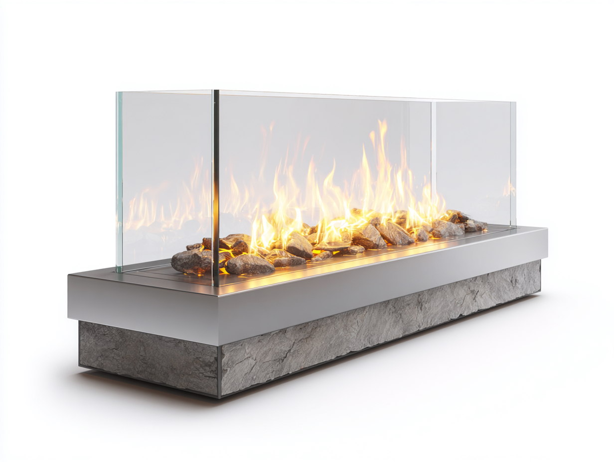 Caminetto elettrico in metallo e vetro con base in pietra 120x40x55 cm - argento/grigio/trasparente - per soggiorno - design moderno-Dwellingon