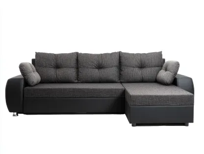 Divano angolare in tessuto e cuir sintetico 265x155x88cm - grigio scuro/nero - per soggiorno - design moderno-Dwellingon
