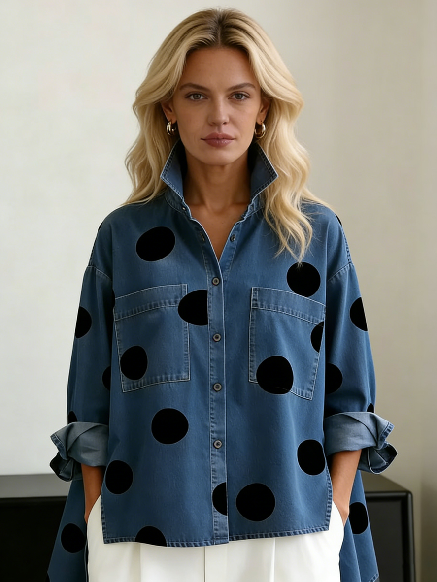 Elegant Artistic Polka Dot Print Stand-collar Denim Top