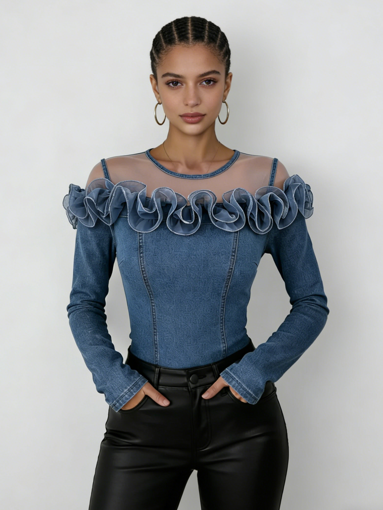 Fashionable Patchwork Mesh Organza Ruffled Denim Top