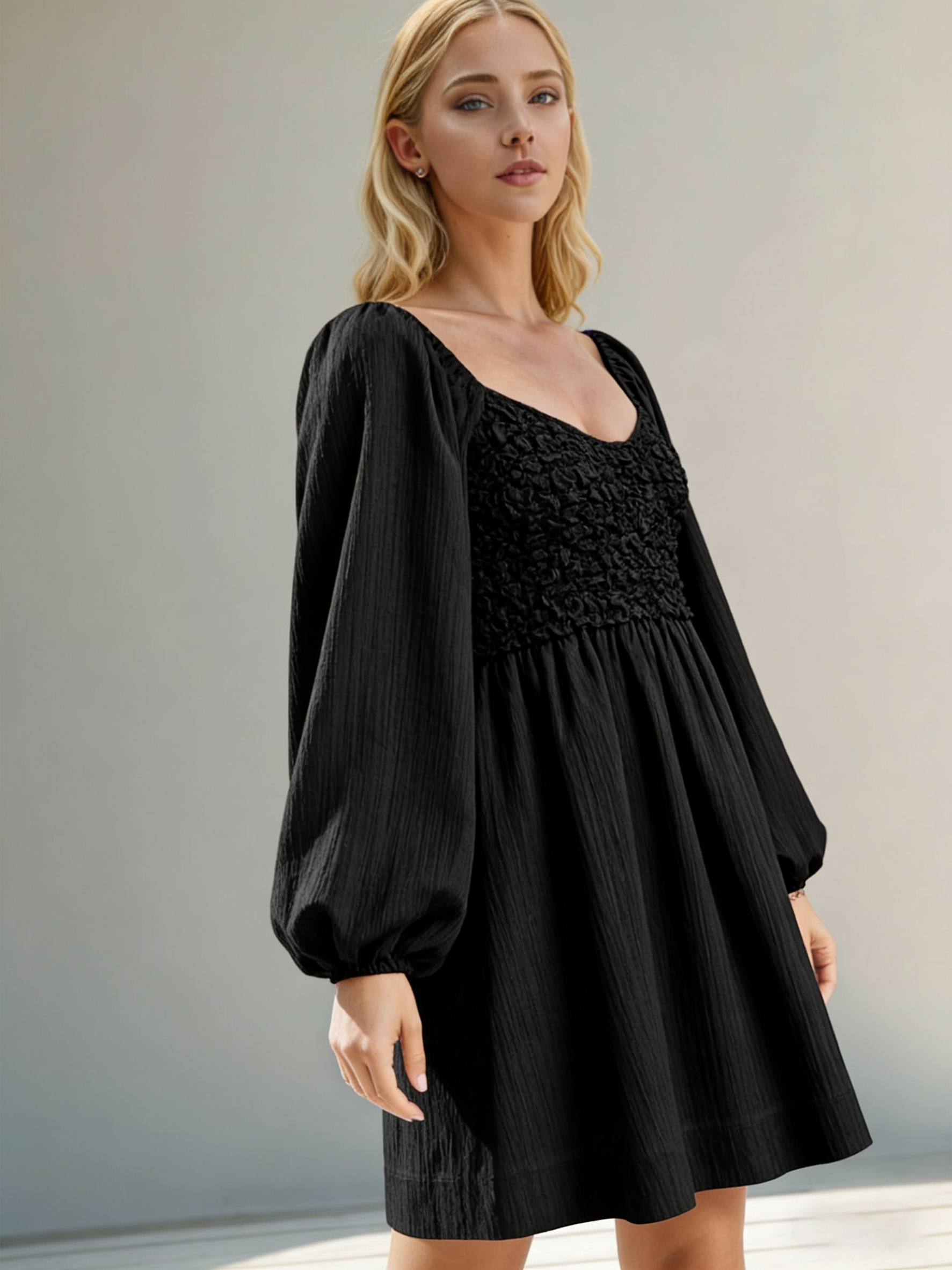 Womens Casual Vintage Romantic Chic Smocked Bodice Puff Sleeve Mini Dress