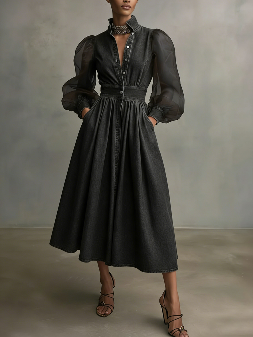 Stylish Denim Dress With Organza Sleeves And Buttons