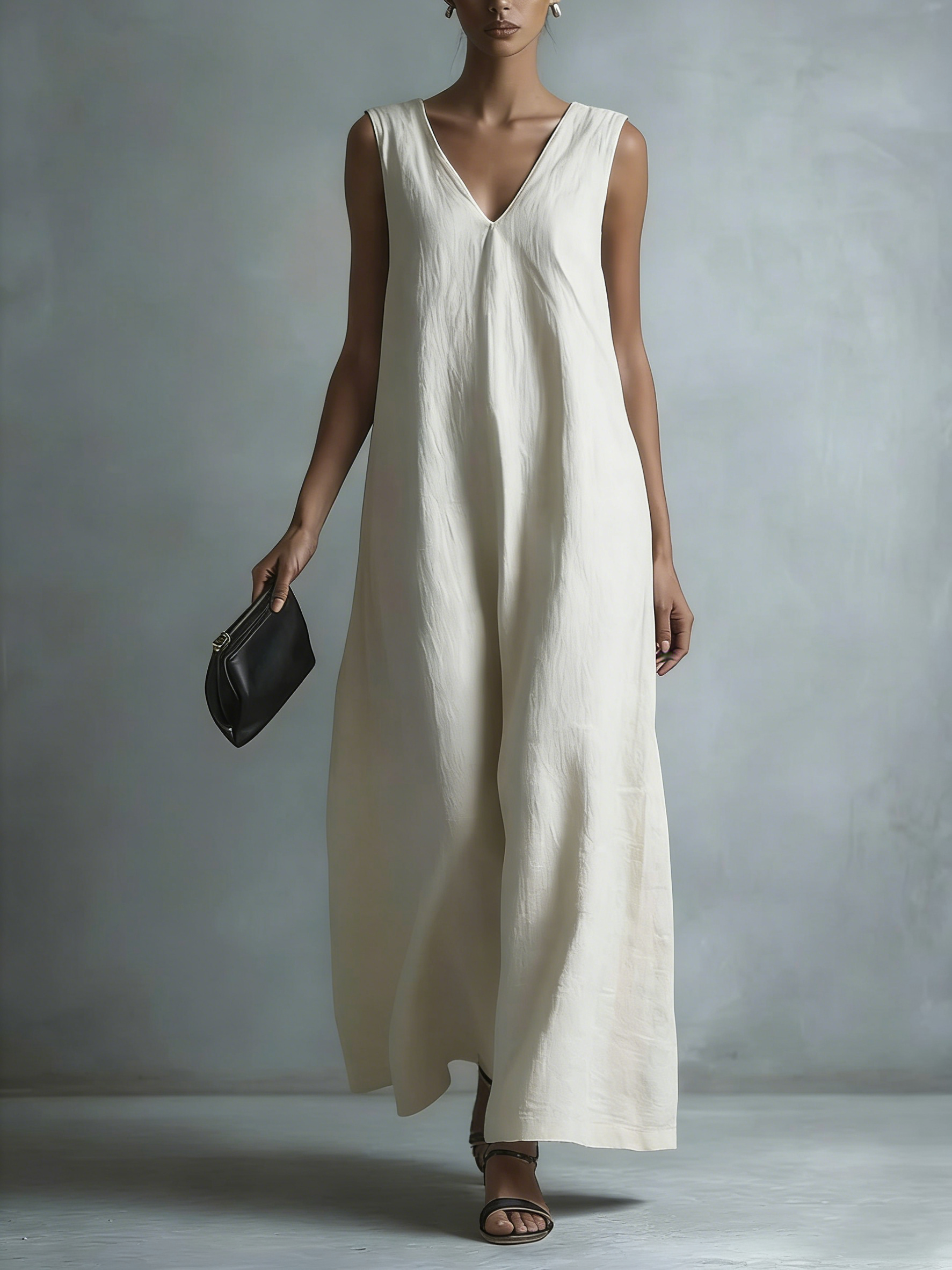 Women's Casual V-neck Sleeveless Cotton Linen Dress