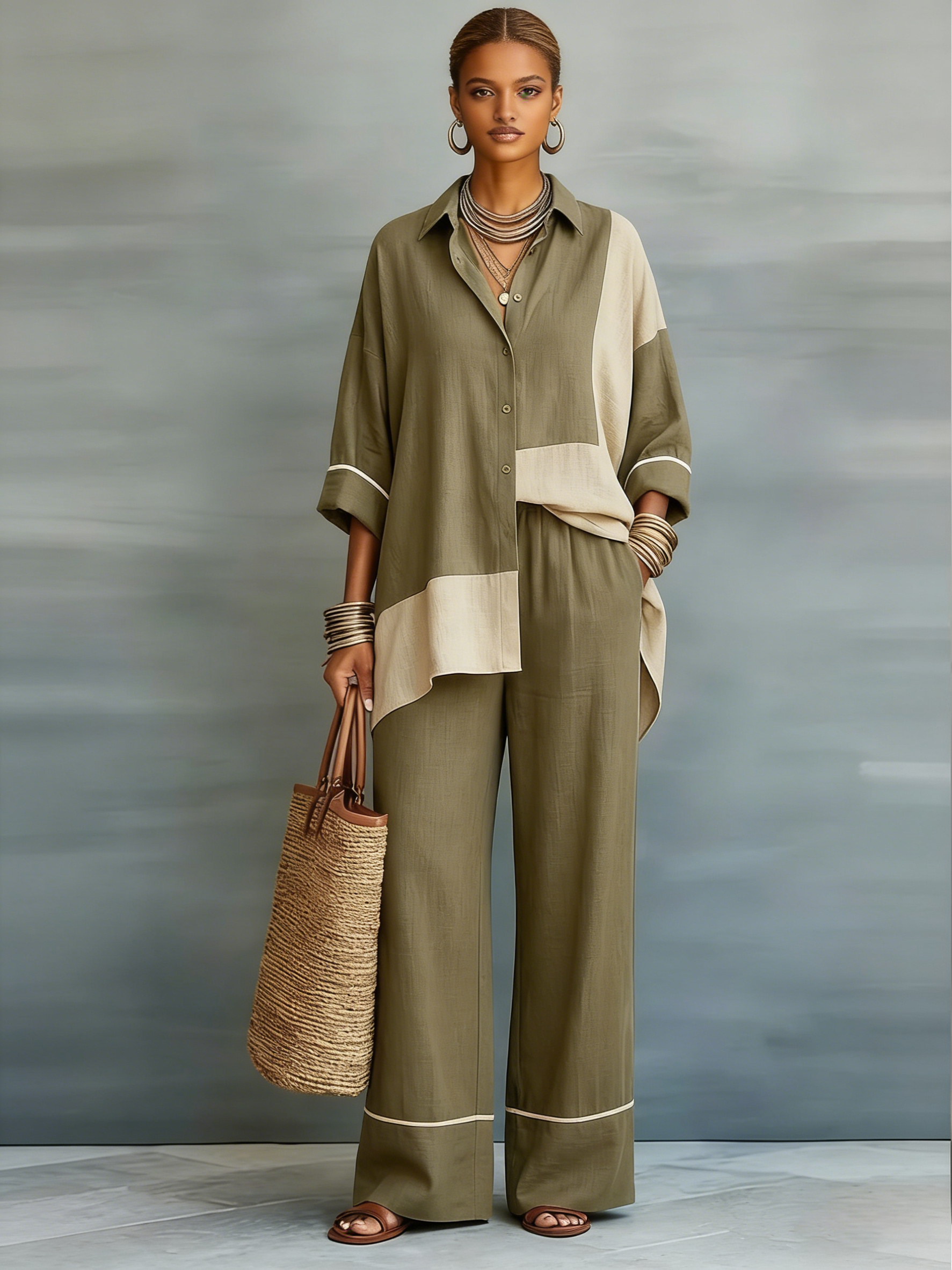 Casual Color-blocked Linen And Cotton Shirt And Trousers Two-piece Set