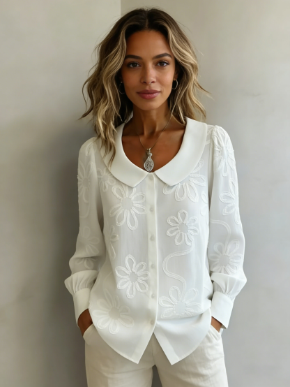 Vintage Peter Pan Collar Embroidered Floral Shirt