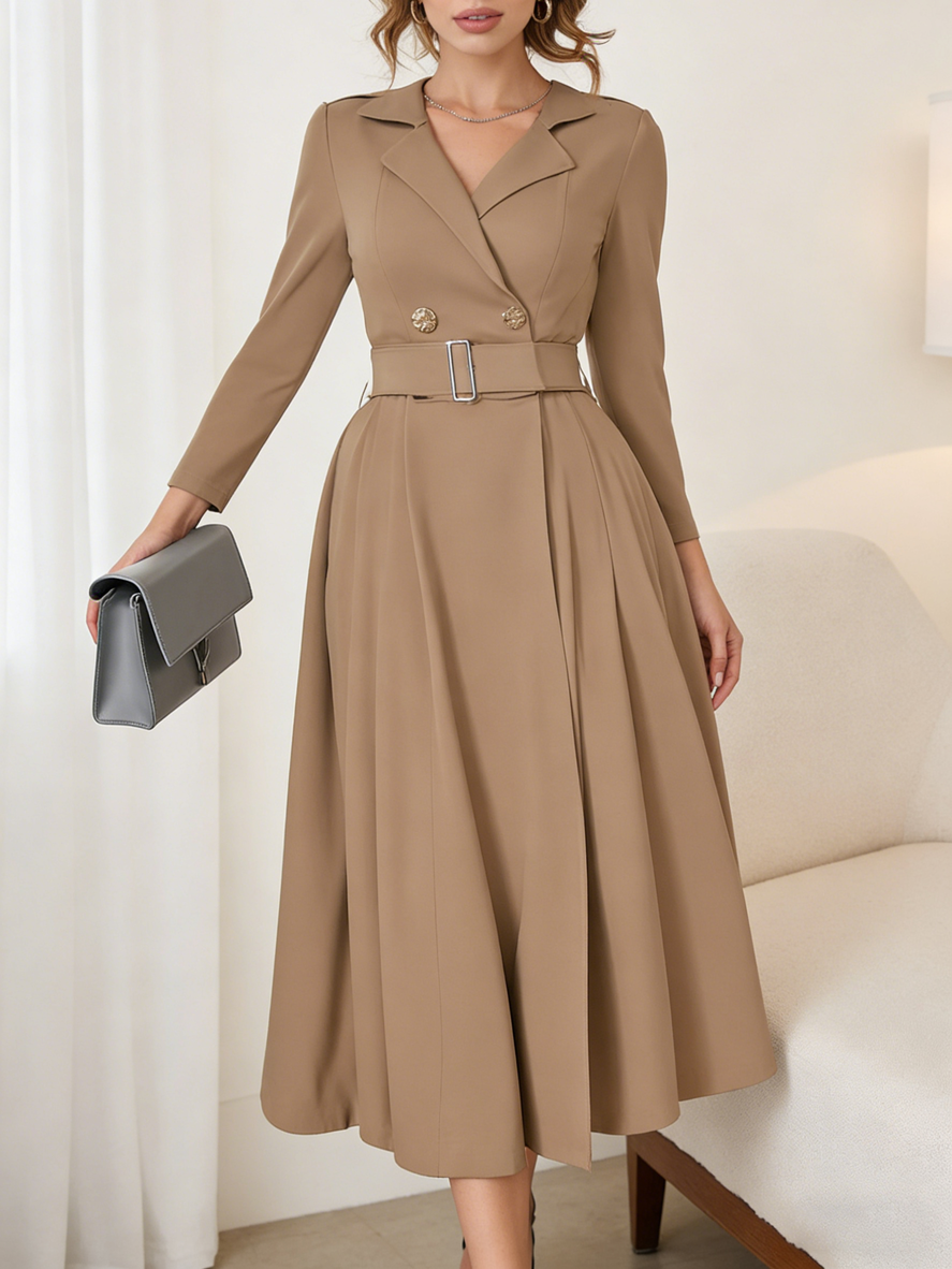 Elegant Women's V-Neck Pleated Long Sleeve Dress