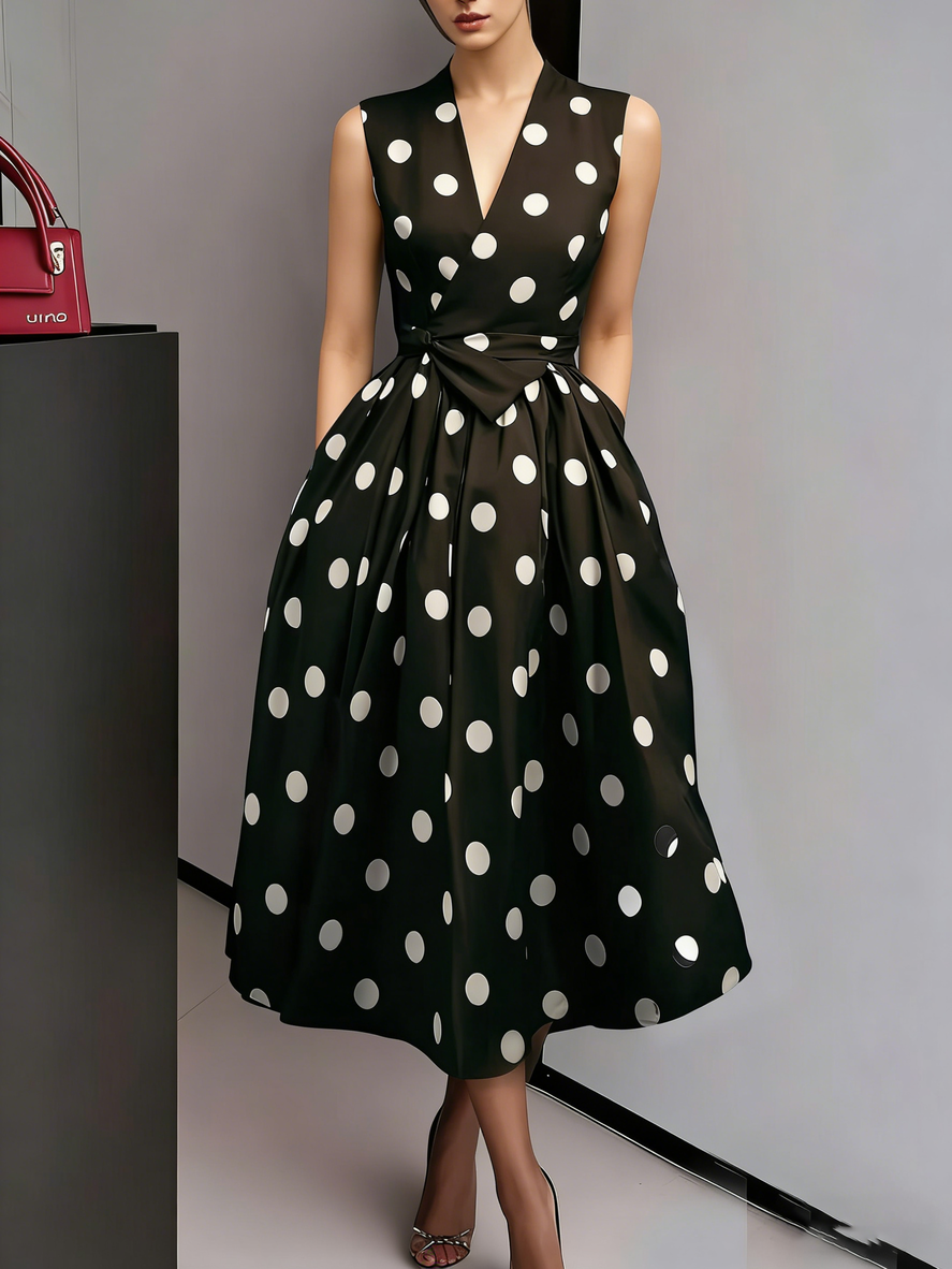 Women's Elegant White & Black Polka Dot Dress