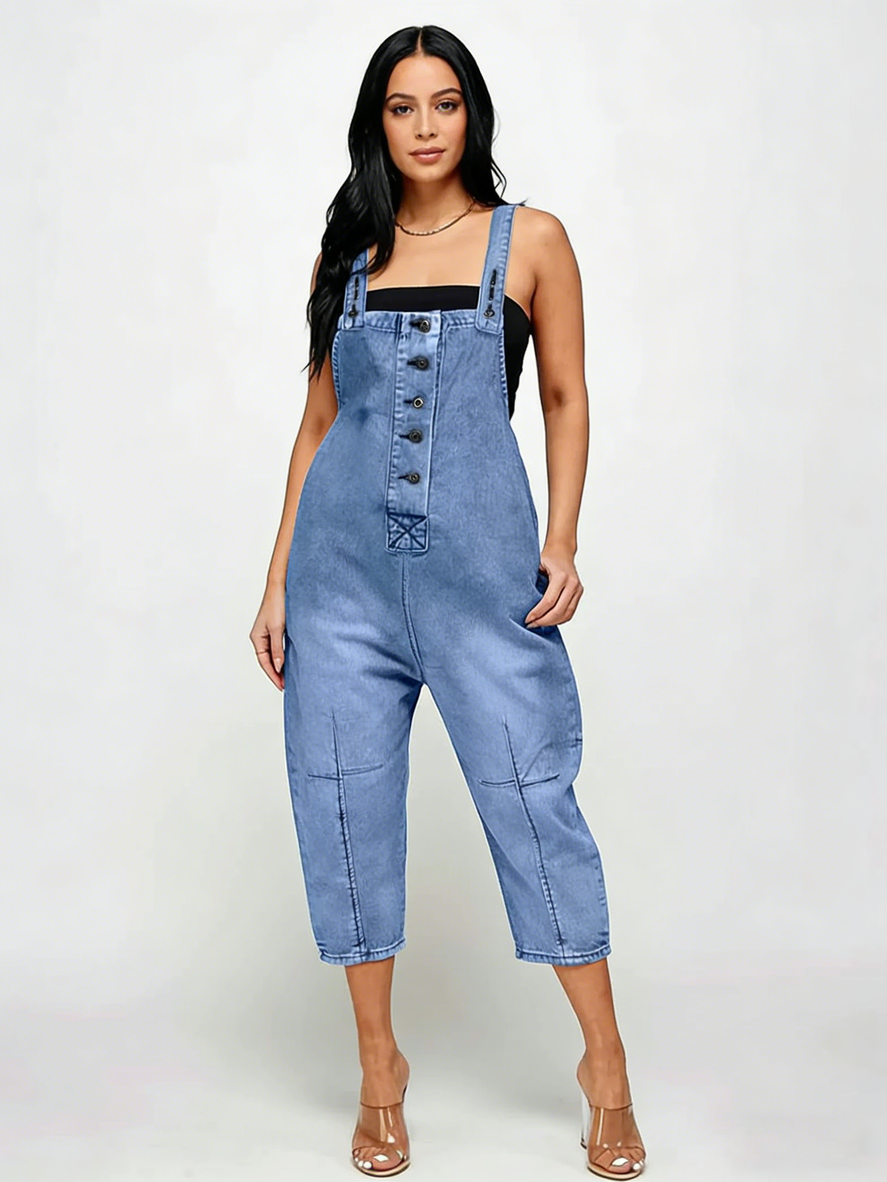 Women's Light Wash Blue Distressed Denim Jumpsuit