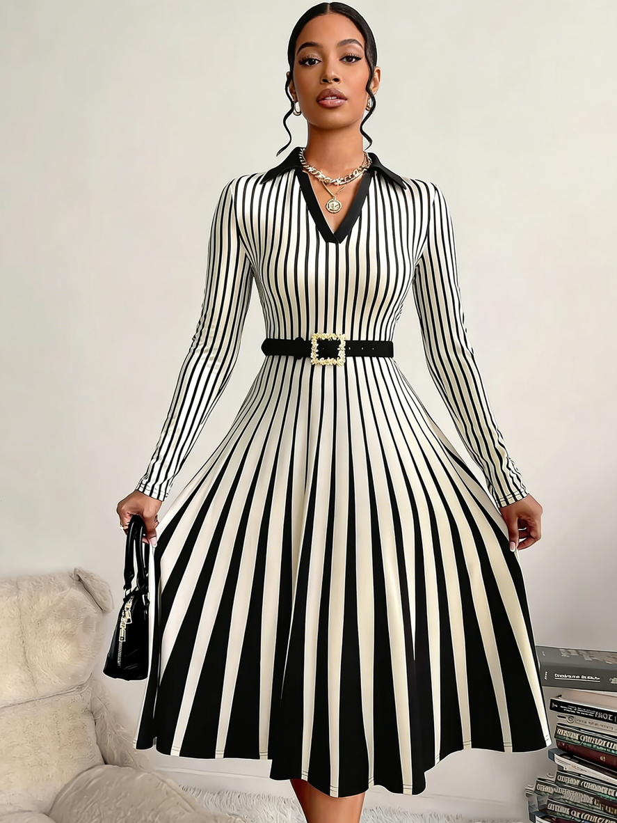 Women's Elegant Black & White Striped A-Line Midi Dress