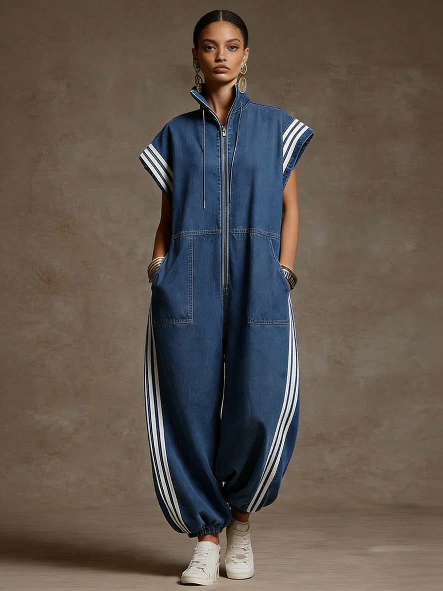 Women's Stand-collar Short-sleeved Casual Loose Denim Wide-leg Jumpsuit