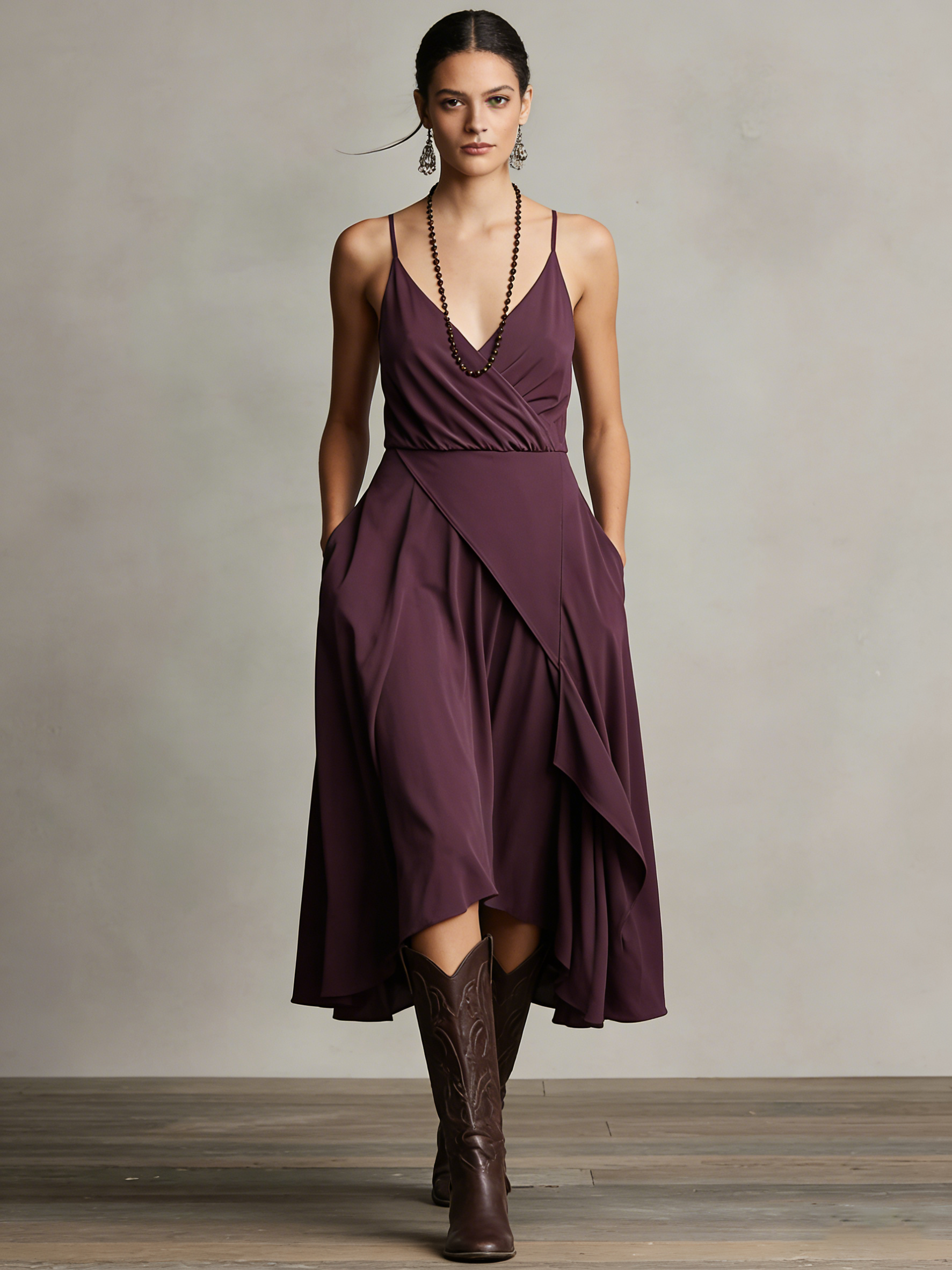 Women's Solid Color V-neck Casual Loose Suspender Dress