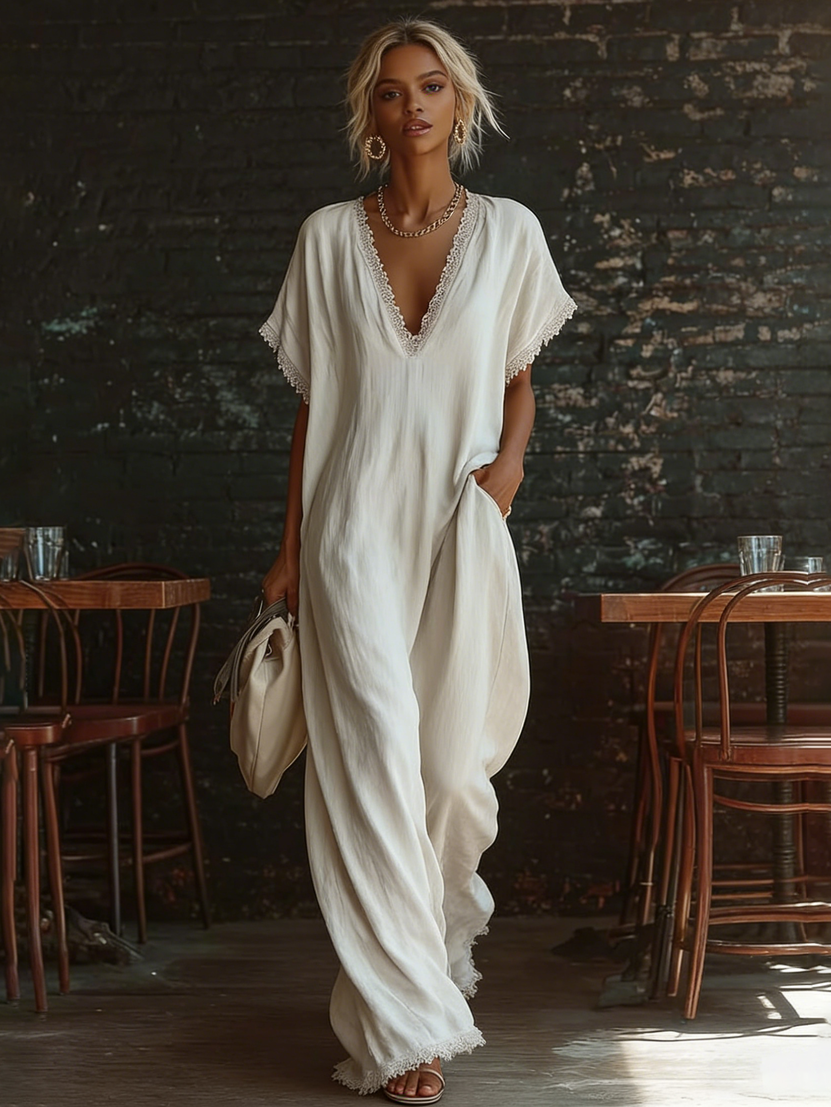 Elegant Cozy Lace-trimmed Loose Linen-cotton Maxi Dress