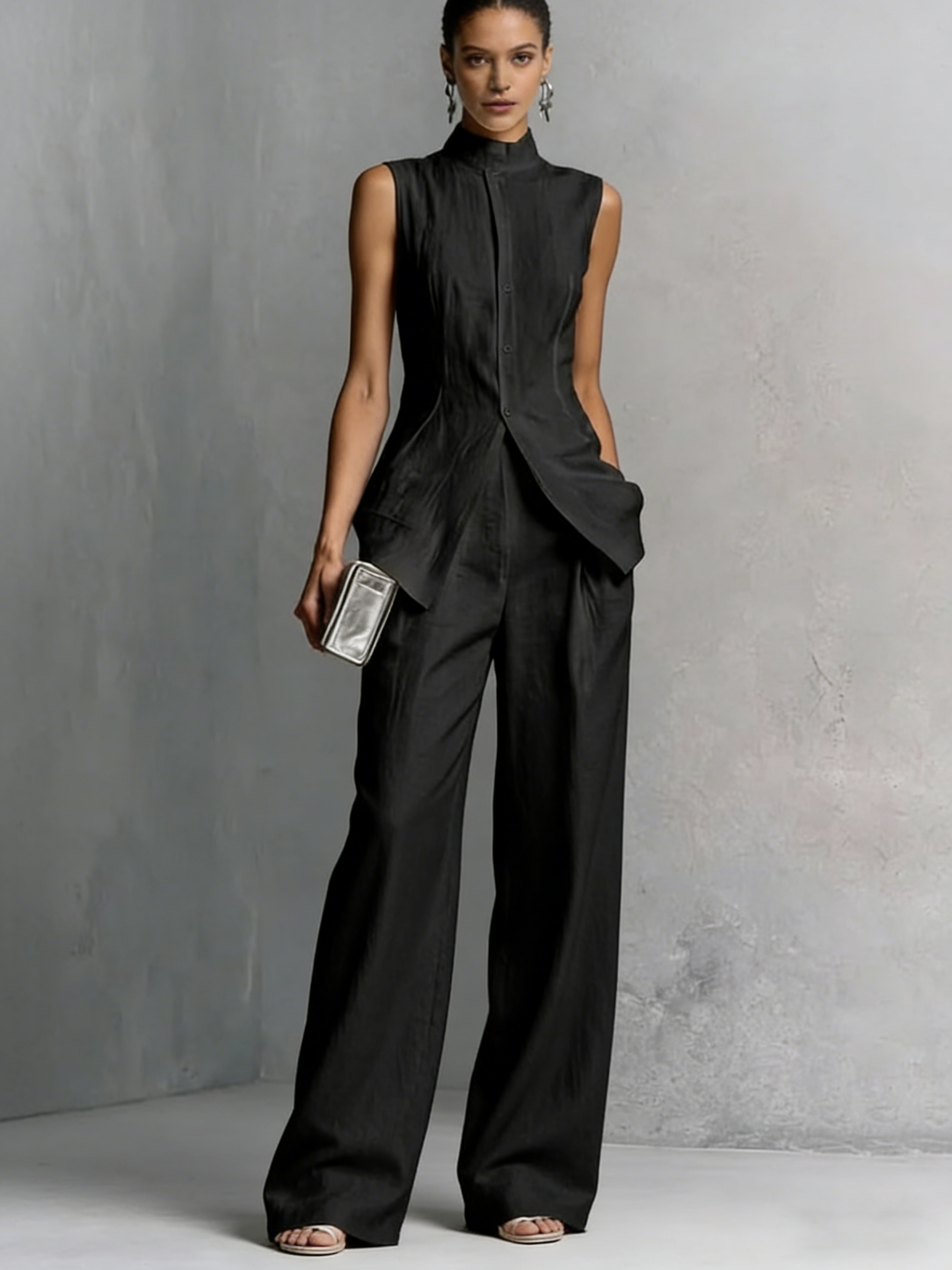 Stylish Slim-fit Sleeveless Linen And Cotton Two-piece Set