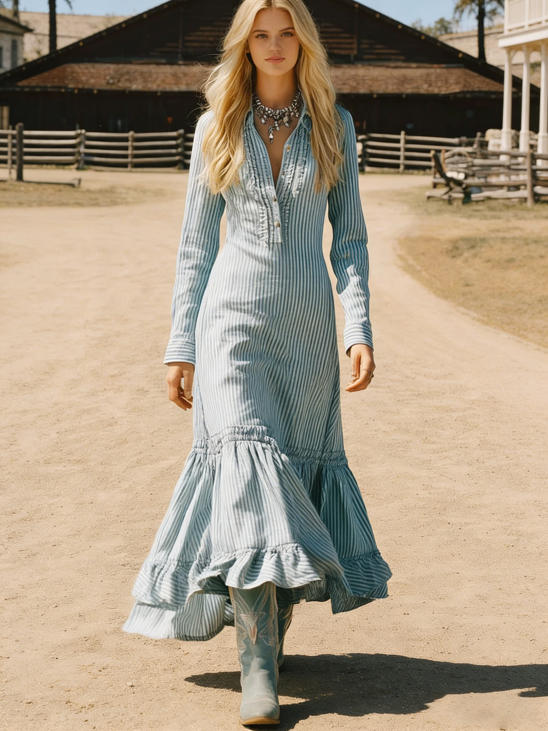 Women's Retro Fashion Lapel Ruffle Skirt Striped Dress