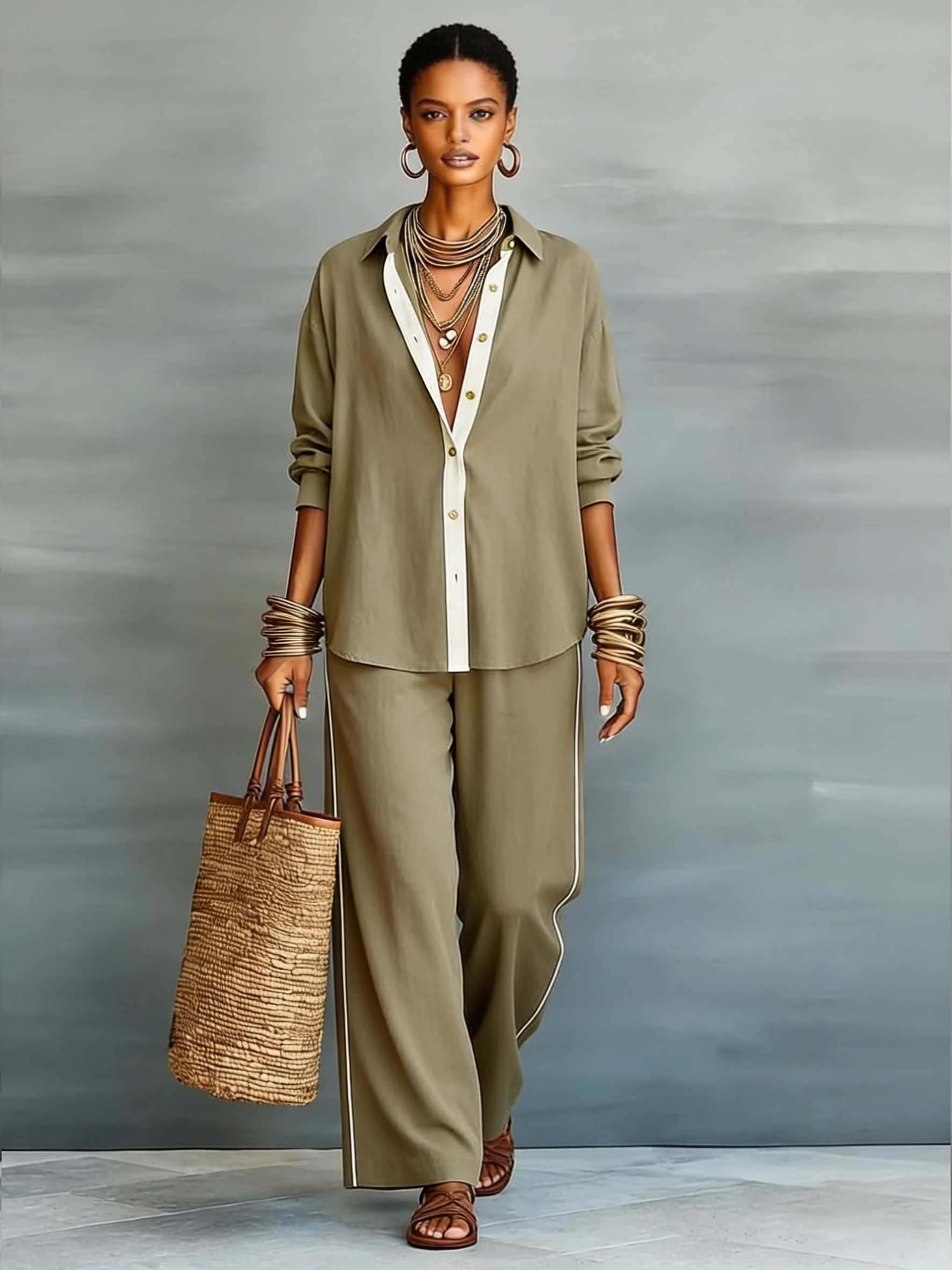 Casual Linen And Cotton Shirt And Wide-leg Pants Two-piece Set