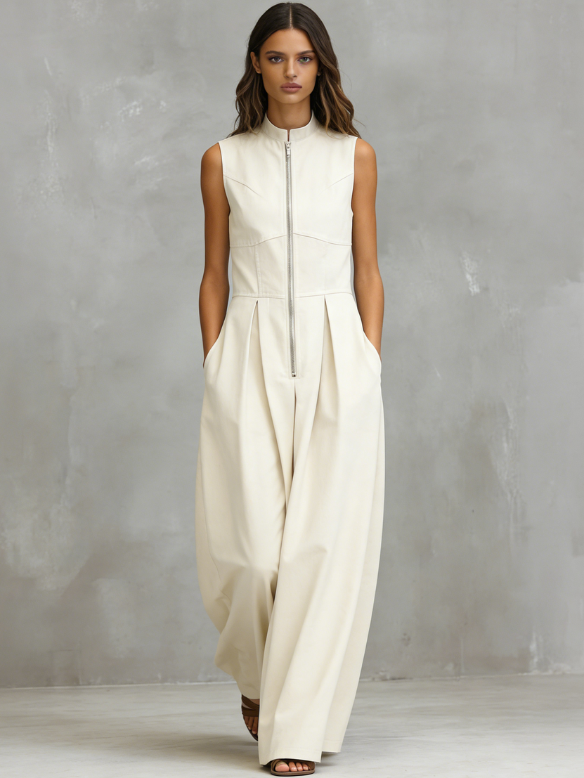 Simfit Comfortable Retro Long Dress with Round Neck and Zipper Design