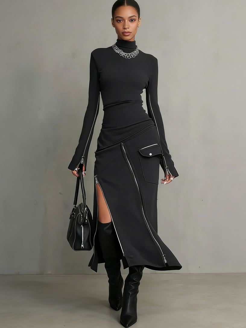 Stylish Casual Zipper Design Tops And Irregular Skirt Stretch Set