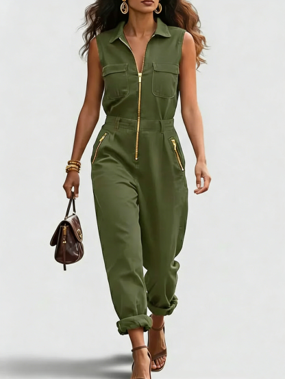 Fashionable And Casual Zippered Sleeveless Cotton Jumpsuit