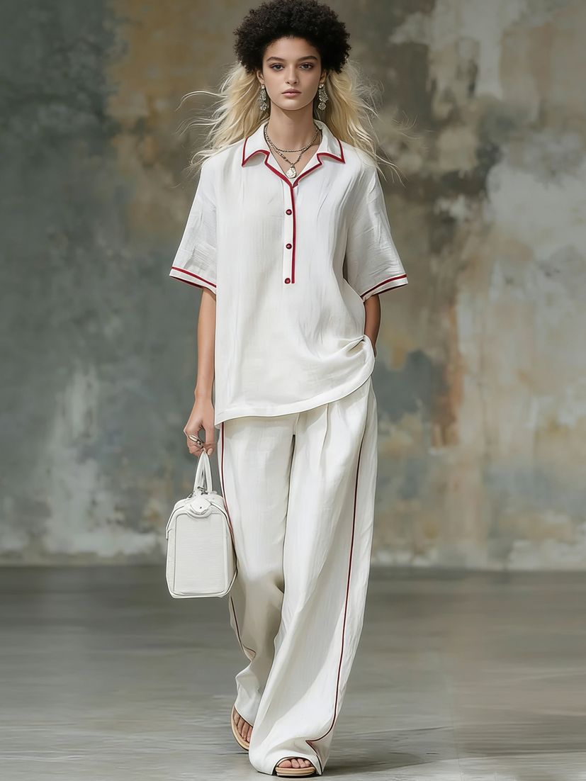 Casual Red-trimmed Short-sleeved Linen And Cotton Shirt And Trousers Two-piece Set